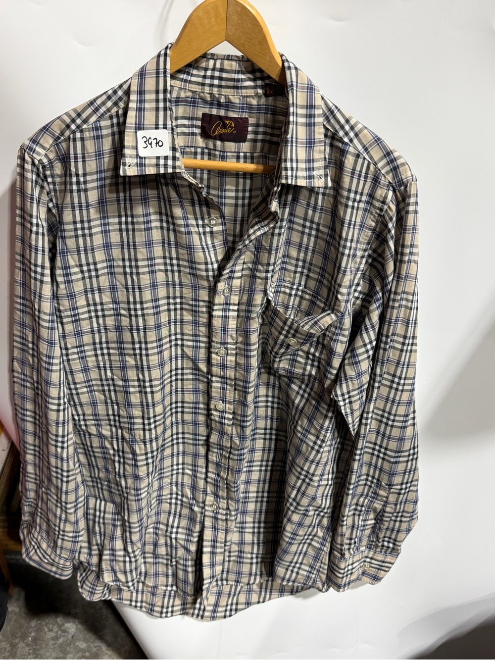 #3970-Arnie Beige and Navy Plaid Long-Sleeve Button-Down Shirt